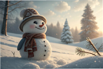 Obraz premium A cheerful snowman wearing a hat and scarf stands in a snowy landscape, surrounded by trees and softly falling snowflakes.