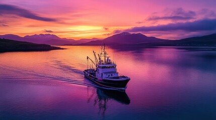 A tranquil fishing boat glides across calm waters during a vibrant purple sunset in a coastal landscape.