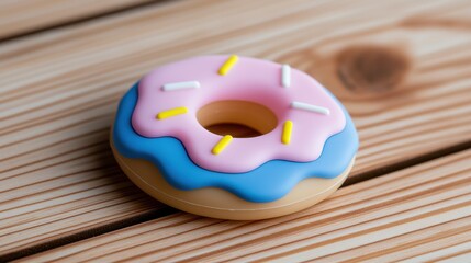 Pink and Blue Glazed Donut with Sprinkles on Wooden Surface