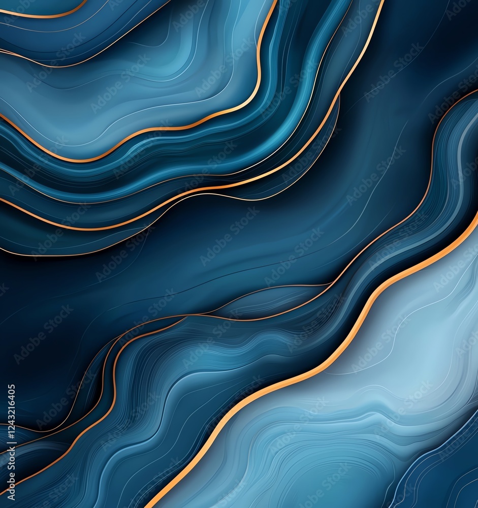 Poster an abstract composition featuring flowing waves of deep blue and light turquoise, intertwined with e