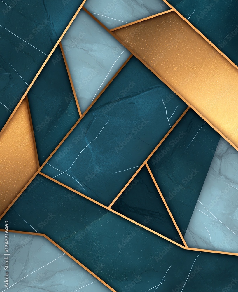 Poster an abstract composition featuring geometric shapes in deep teal and metallic gold tones, creating a 