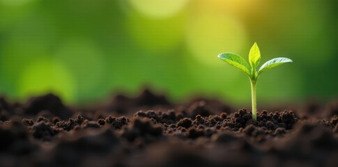 Fototapeta premium Seedlings sprouting in fertile soil, close-up , stem, ecology, bud