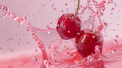 A bright splash of cherry juice with droplets suspended against a soft pink background.