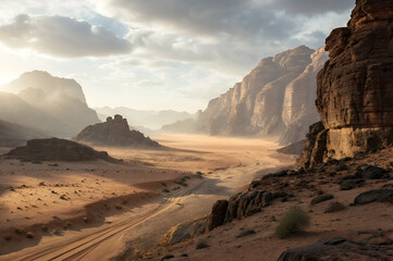 Fototapeta premium A breathtaking desert landscape featuring towering rock formations, sandy plains, and dramatic lighting, evoking a sense of adventure and tranquility.