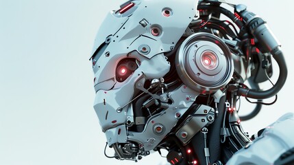 Fototapeta premium A close-up of a futuristic robot's head with glowing red eyes.