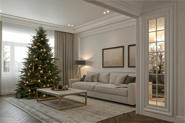 A cozy living room adorned with a Christmas tree, featuring soft furnishings, warm lighting, and elegant decor, creating a festive atmosphere.