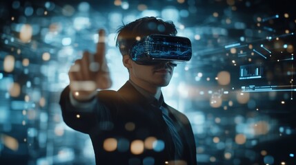 Businessman presenting futuristic business world metaverse graphic. In the form of innovation in digital business processing technology, innovation of the 21st century