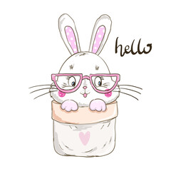 Hand drawn bunny sitting in a pocket with a glasses. Vector illustration in cartoon style