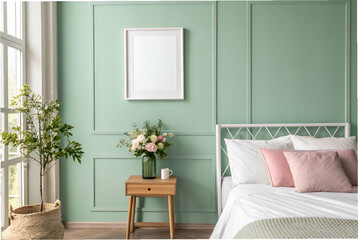 A serene bedroom featuring a mint green wall, elegant bedding, a bedside table with flowers, and a blank frame, creating a calming and stylish atmosphere.