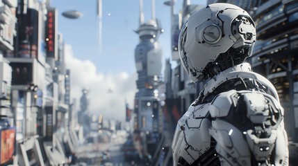 Fototapeta premium A white robot standing in a futuristic city.