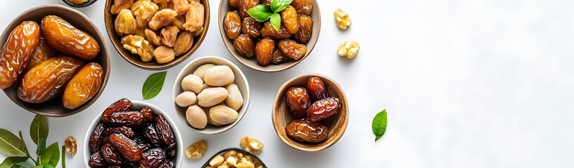 Obraz premium A vibrant assortment of dried fruits and nuts arranged in bowls on a clean white surface