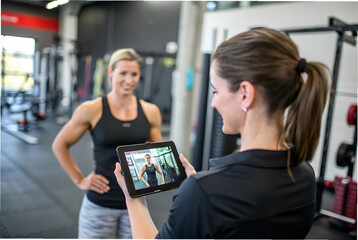 A fitness trainer demonstrates exercises using a tablet to guide a client in a gym setting, highlighting personal training and technology integration.
