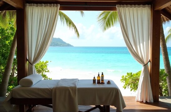 Tropical spa escape by the ocean: a private wooden cabana overlooking the turquoise sea, with sheer white drapes blowing gently in the breeze and a massage table 