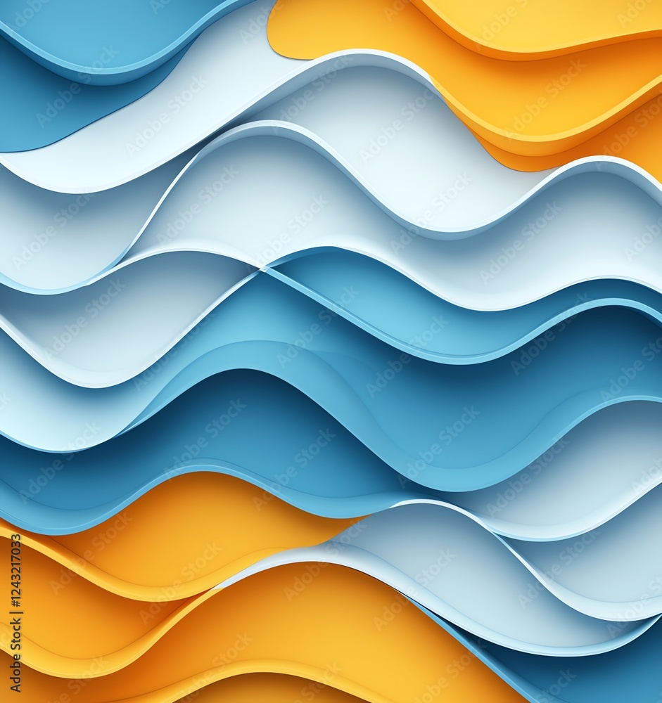 Poster an abstract design featuring flowing layered waves in shades of blue and yellow, creating a dynamic 