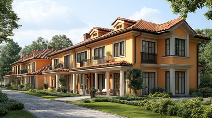 Obraz premium Sunny Row of Terracotta Townhouses in a Green Setting