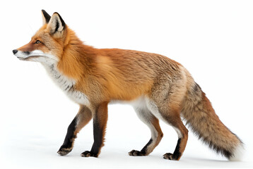 Fototapeta premium A red fox walking gracefully, showcasing its vibrant fur and bushy tail, against a clean white background.