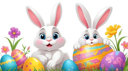 Obraz premium Cheerful Cartoon Bunnies with Easter Eggs and Spring Flowers on White Background, Cute Easter Bunny Duo Surrounded by Vibrant Decorated Eggs and Blooming Tulips