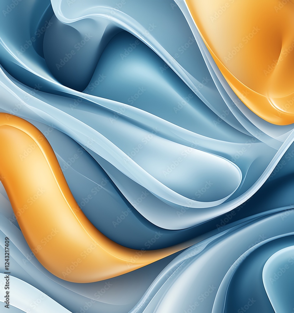 Poster an abstract design featuring flowing waves in soft hues of blue and orange, creating a sense of flui