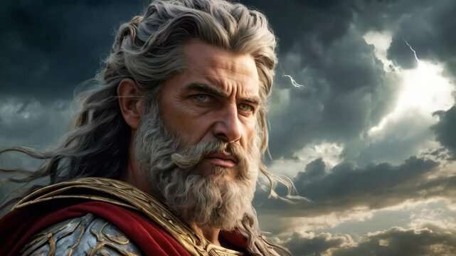 Zeus, the almighty ancient Greek king god of Olympus and god of thunder, surrounded by storm clouds and lightnings