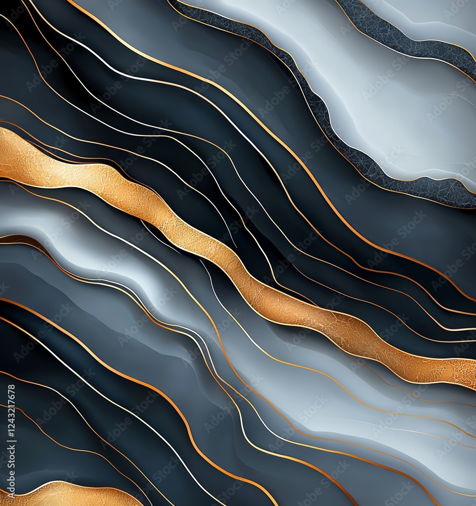 Poster an abstract design featuring fluid wavy lines in shades of black, gray, and gold. this elegant compo