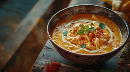 Delicious bowl of creamy curry with herbs and spices, perfect for a warming meal with rice or bread.