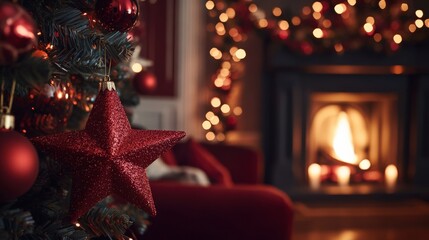 Cozy Christmas Living Room with a Beautiful Tree and Warm Fireplace Glow