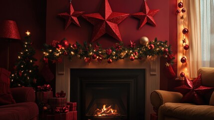 Warm Cozy Living Room with Christmas Decorations and Stars, Perfect for Holiday Celebrations