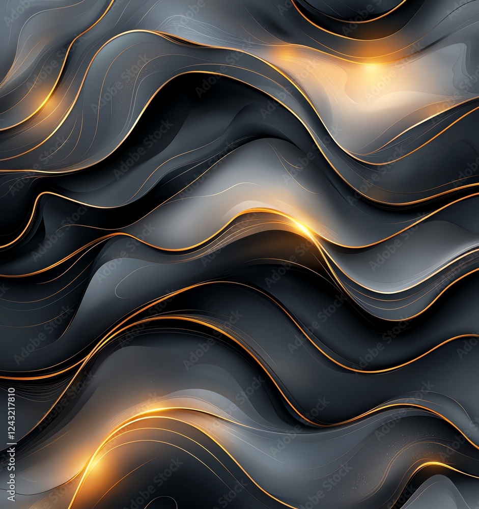 Poster an abstract design featuring smooth, flowing waves in dark tones, highlighted with golden lines. thi