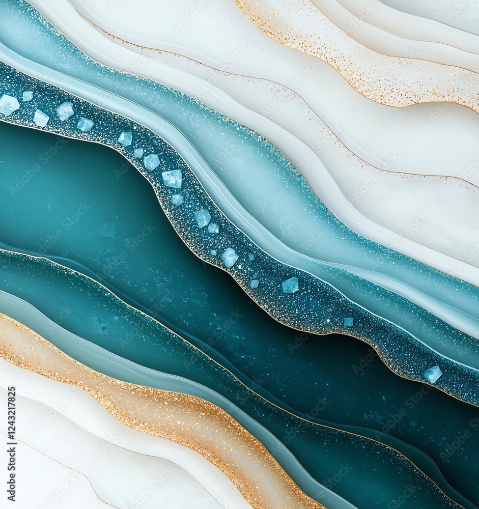 Aufkleber an abstract design featuring layered waves of teal, white, and gold, creating a soothing and elegant