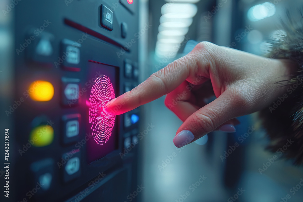 Poster hand engaged with a fingerprint scanner on a digital panel in a modern environment