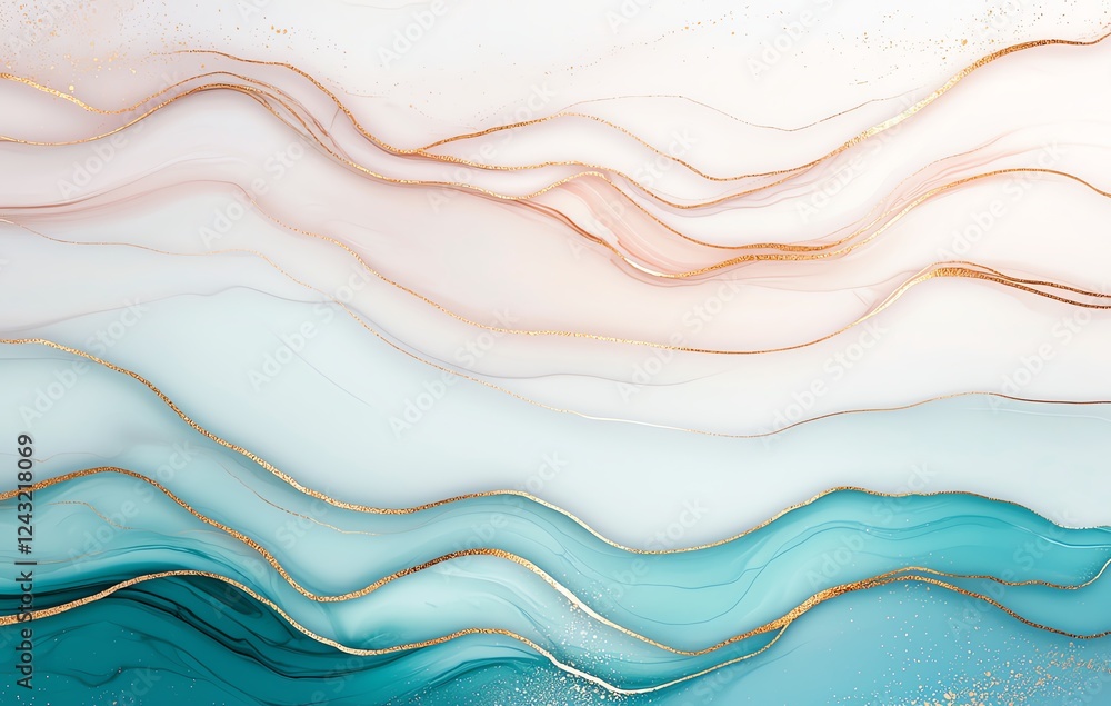 Poster an abstract design featuring soft waves of teal, white, and peach. the flowing lines create a calmin