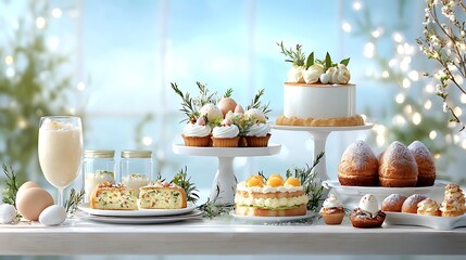 Fototapeta premium Easter day celebration with pastel tone easter eggs and treats in a festive setting