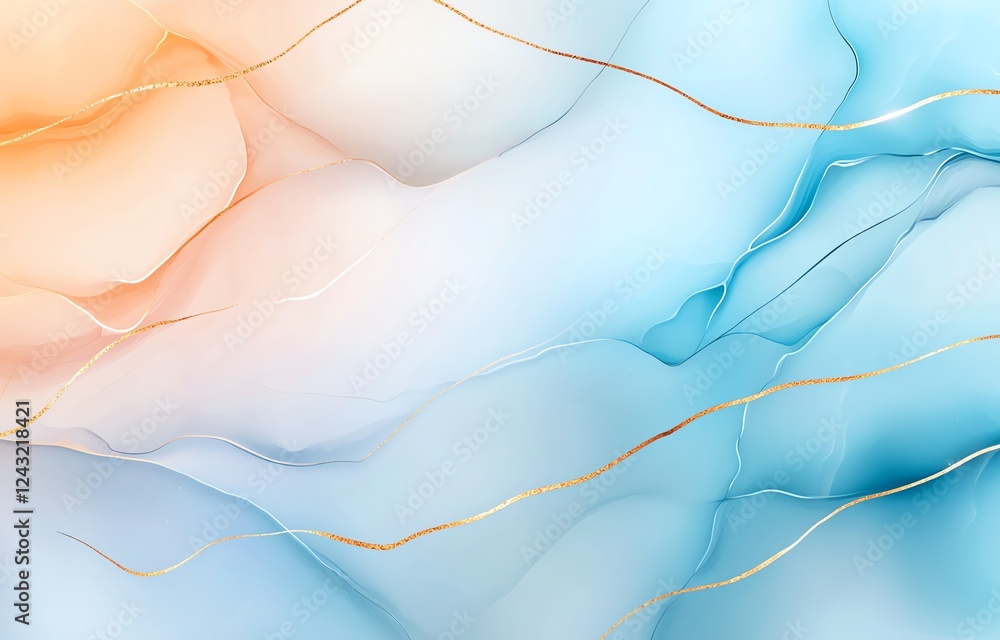 Poster an abstract illustration featuring soft waves of blue and orange hues, intertwined with delicate gol