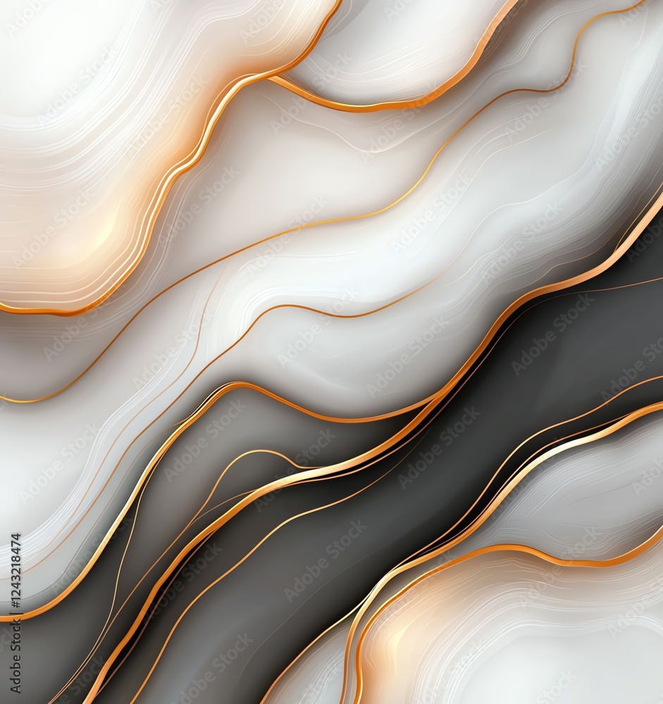Poster an abstract image featuring fluid lines in soft white, gray, and gold hues, creating an elegant and 