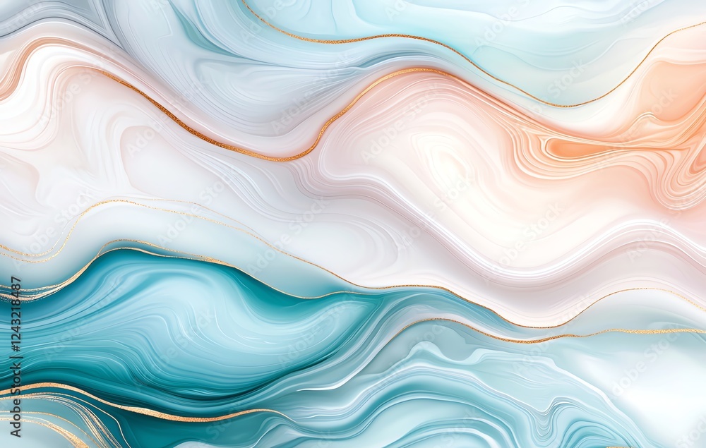 Poster an abstract image featuring smooth swirls of blue, white, and peach tones, creating a calming and fl