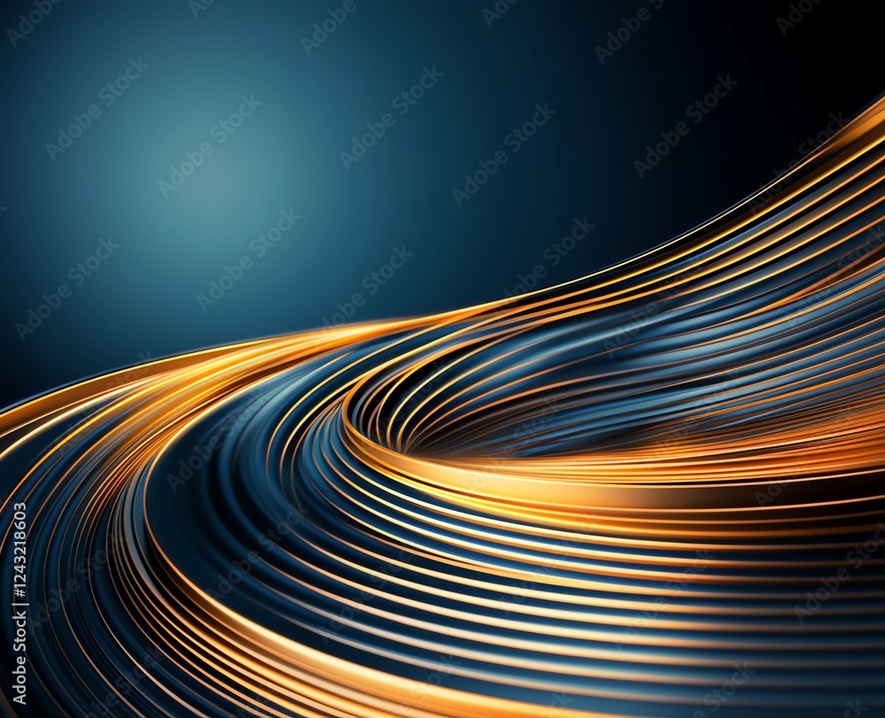 Poster an abstract representation of dynamic motion featuring flowing lines in gold and blue, conveying ene