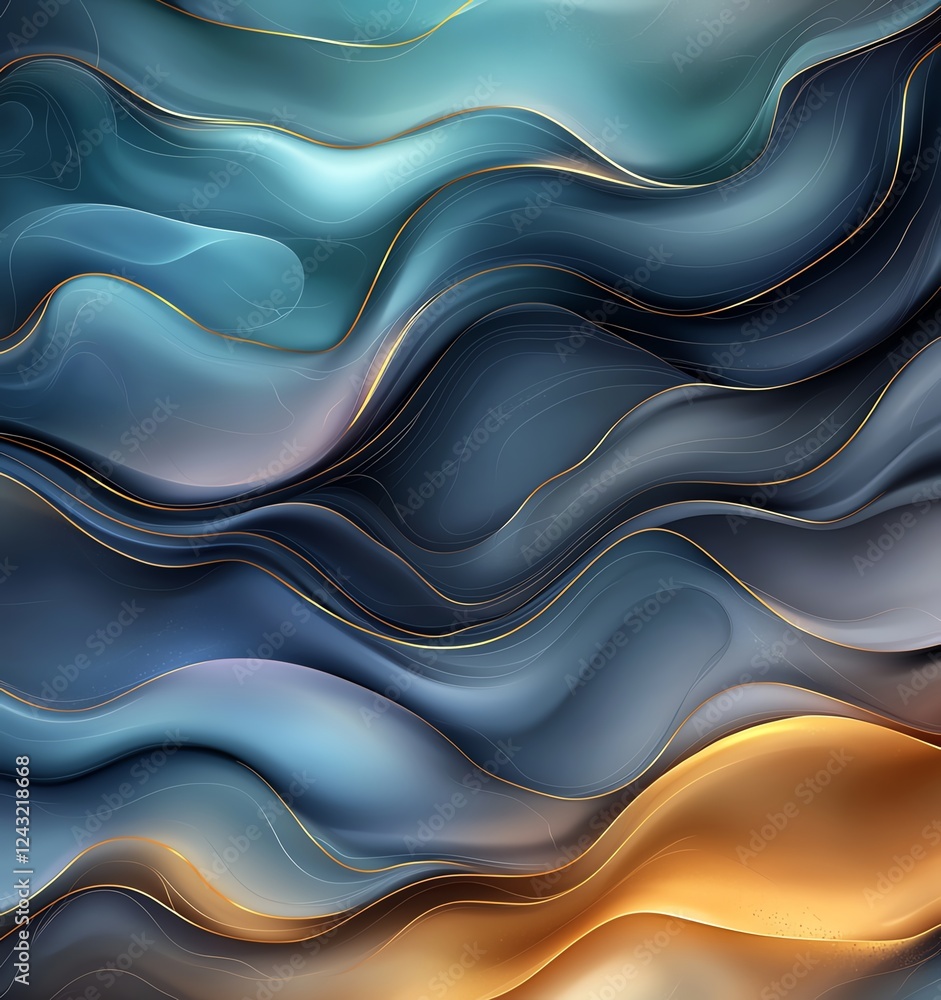 Poster an abstract representation of flowing waves in a gradient of blue, gold, and gray. this smooth and d
