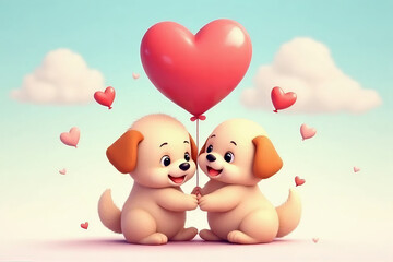 cute puppy sitting together with heart