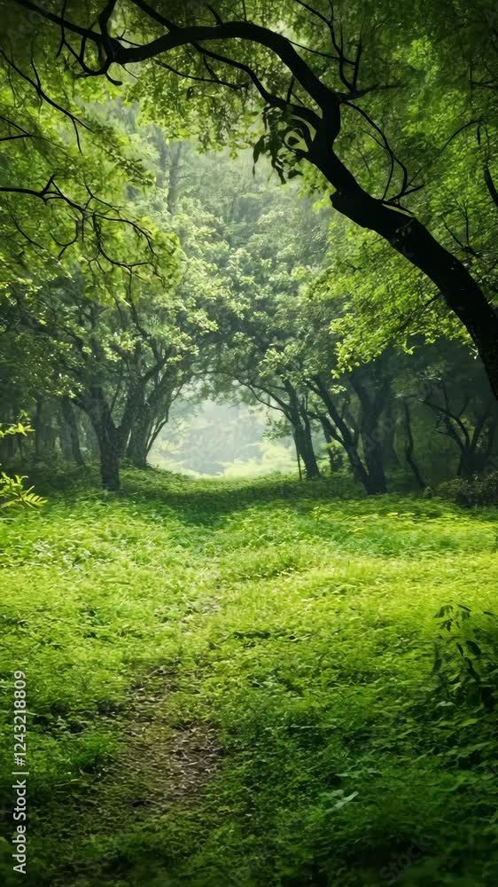 Poster lush green forest path under soft light creates a serene atmosphere in a tranquil natural setting