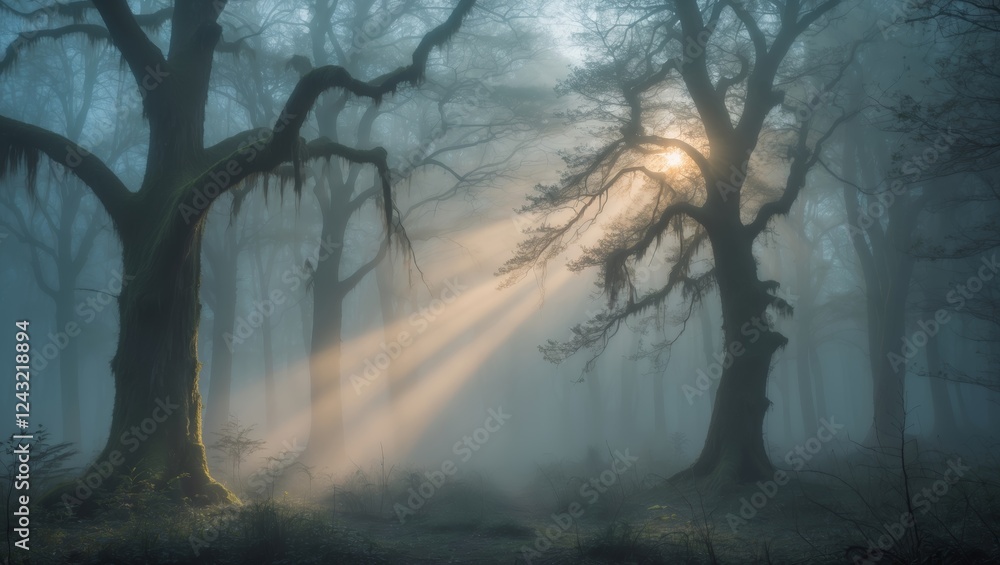 Poster sunlight filters through misty trees in an enchanting forest at dawn
