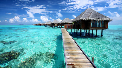 A breathtaking aerial view captures stunning expanse of Maldives island, showcasing luxurious water villas resort and intricate wooden piers against backdrop