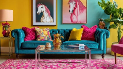 Teal velvet sofa in vibrant living room with horse art, pink rug, and colorful pillows.