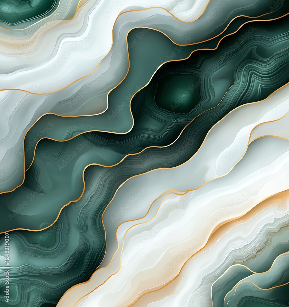 Poster an abstract wave pattern featuring soft green, white, and gold hues. this elegant design creates a s