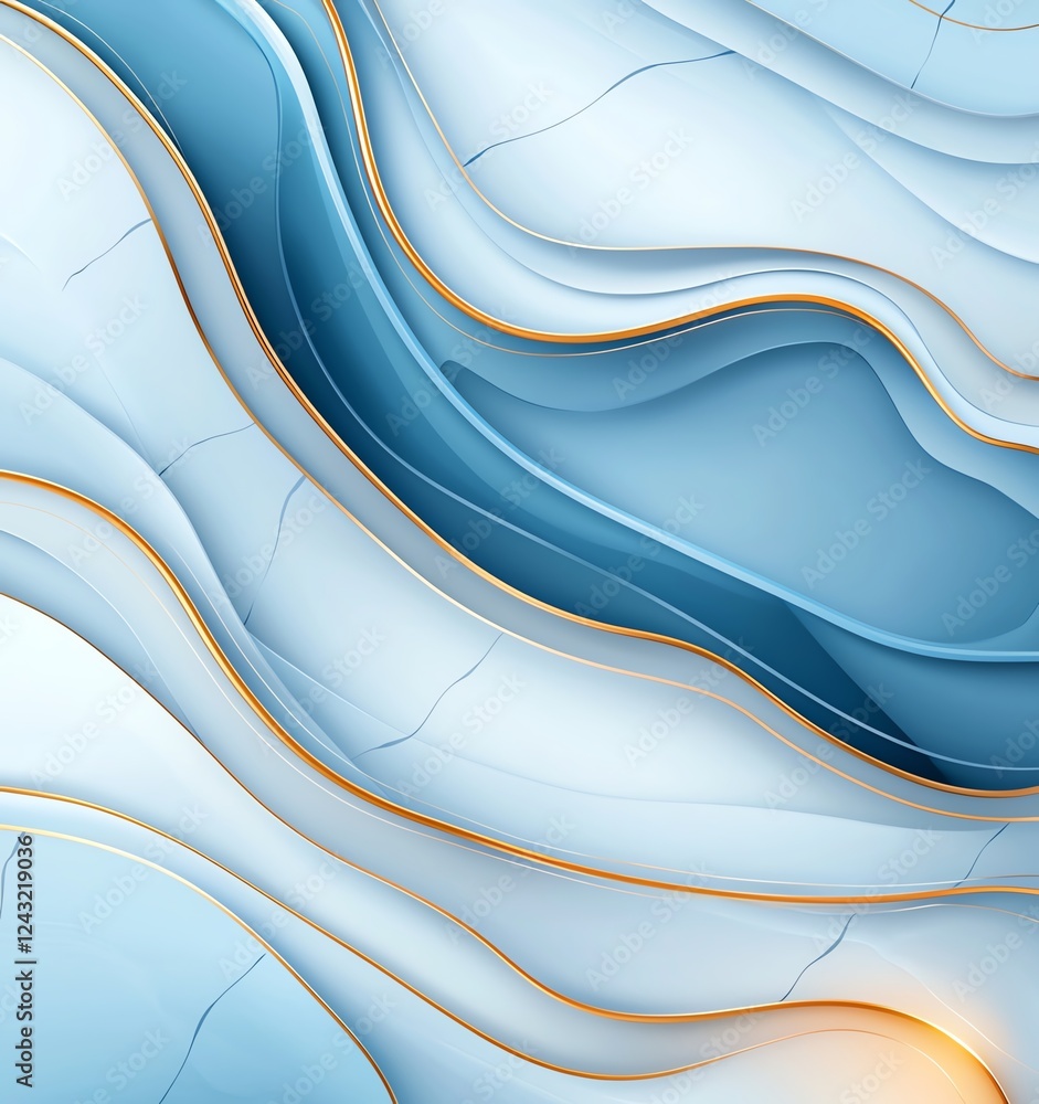 Poster an abstract wave pattern in shades of blue with golden accents. this modern design features flowing 