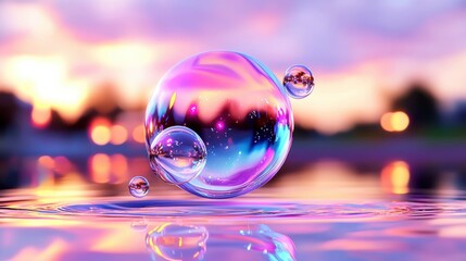 Pink Purple Bubble Reflection on Water at Sunset
