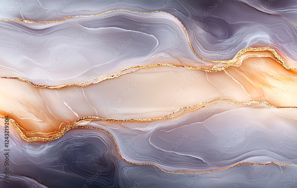 Poster an artistic representation featuring flowing waves of gray and gold, creating a captivating visual e