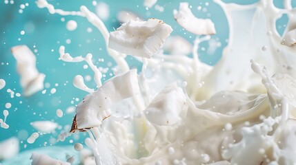 A bright splash of coconut milk with coconut flakes suspended against a pastel blue backdrop.