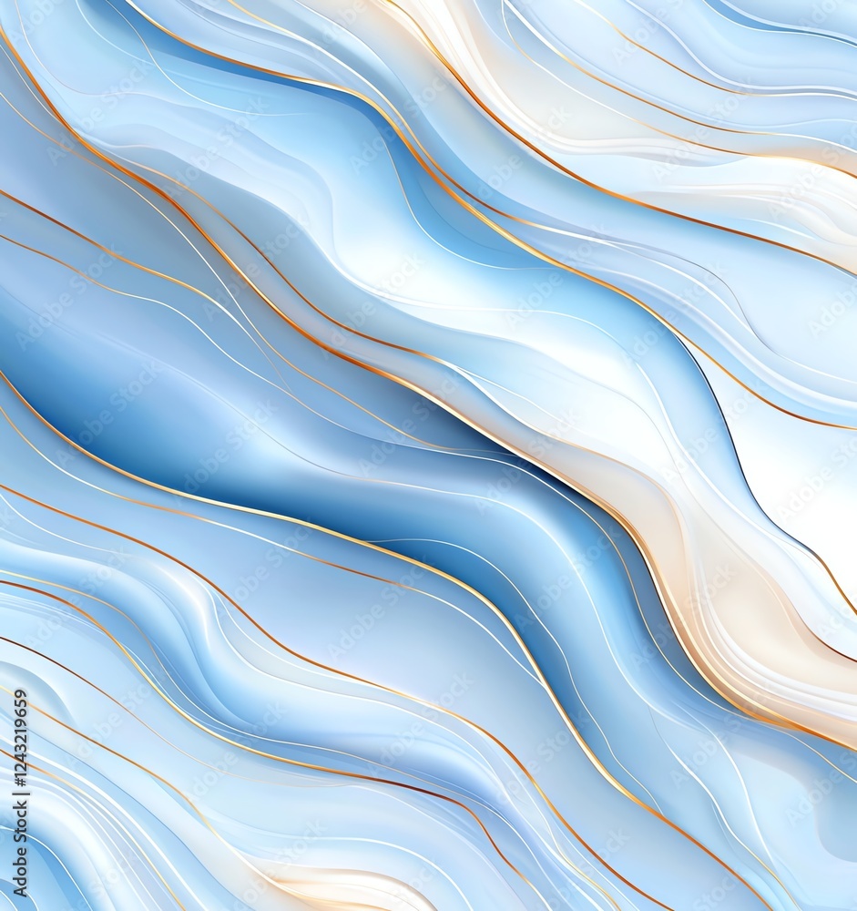 Poster an elegant abstract background with flowing waves in shades of blue and gold, perfect for creating a
