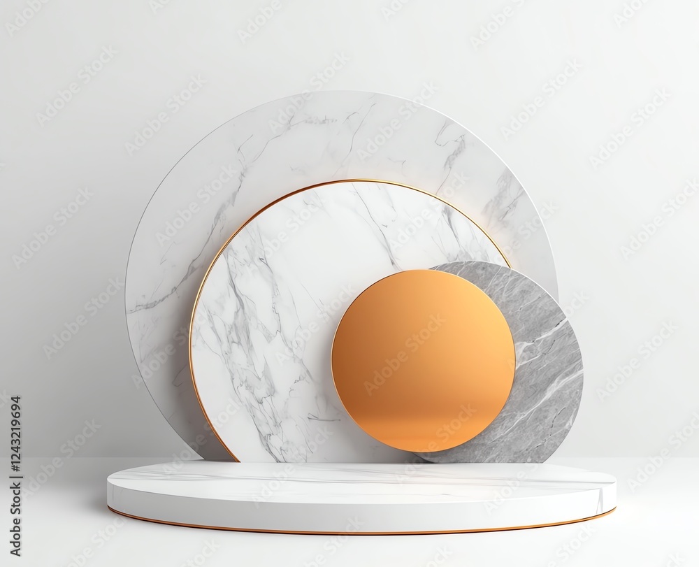 Poster an elegant abstract composition featuring circular shapes of varying sizes and materials, including 