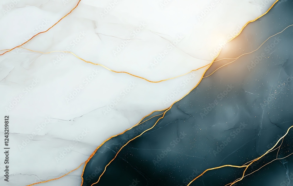 Poster an elegant abstract design showcasing a blend of white and dark marble textures, highlighted with go